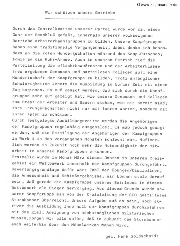 Cronik der Kampfgruppe des VEB Möbelkombinats Möbelkombinates Zeulenroda Zeutrie Zeu Trie Kampfgruppen der Betriebe der DDR