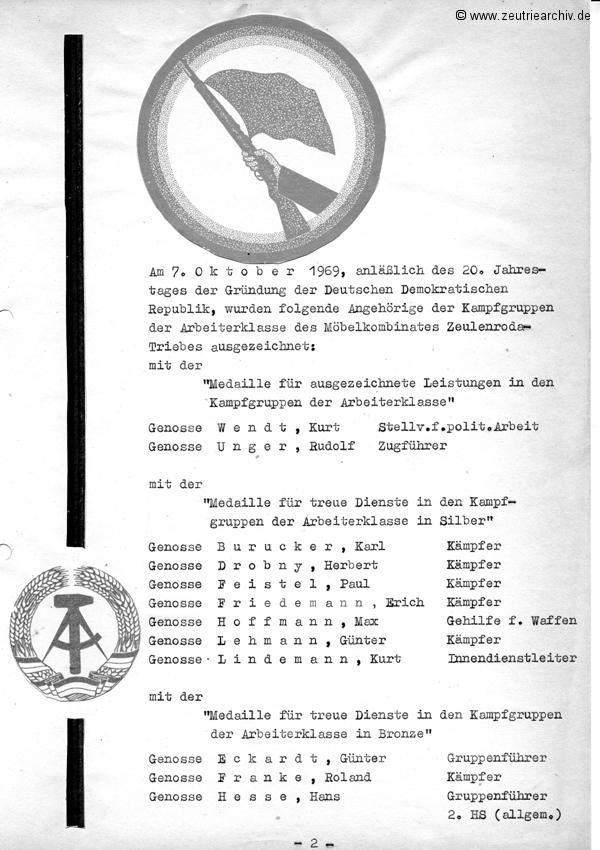 Cronik der Kampfgruppe des VEB Möbelkombinats Möbelkombinates Zeulenroda Zeutrie Zeu Trie Kampfgruppen der Betriebe der DDR