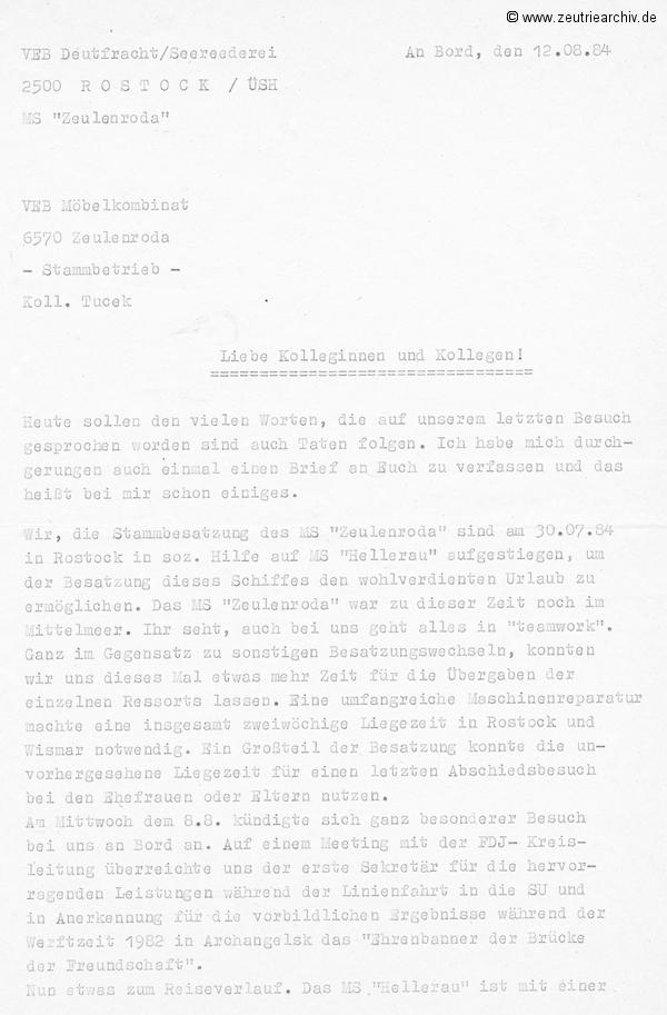 MS Hellerau Besatzung MS Zeulenroda Reisebericht 1984 Rostock Wismar