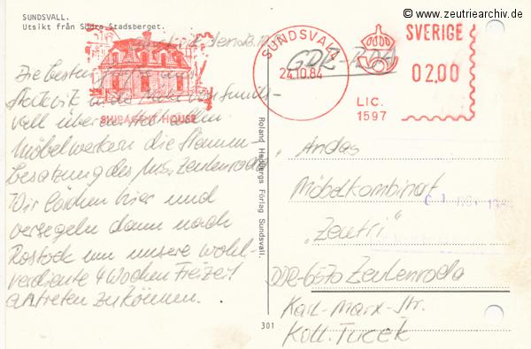 Kartengrüße der Besatzung der MS "Zeulenroda" aus Sundsvall Schweden