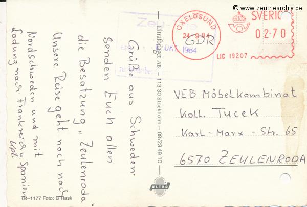 Kartengrüße der Besatzung der MS "Zeulenroda" aus Oxelösund Schweden