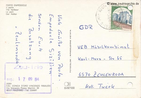 Kartengrüße der Besatzung der MS "Zeulenroda" Porto Empedocle Italien