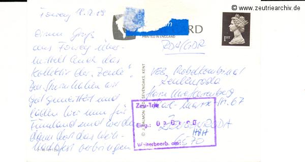 Kartengrüße der Besatzung der MS "Zeulenroda" aus Fowey England