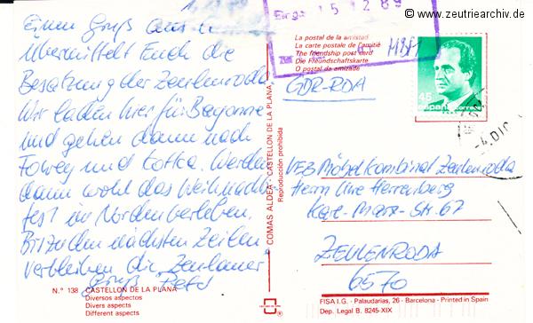 Kartengrüße der Besatzung der MS "Zeulenroda" aus Castellon Spanien