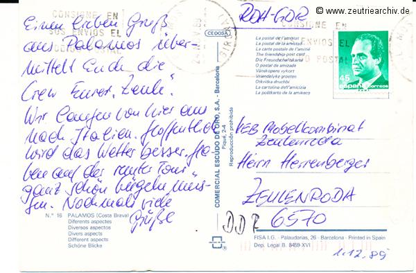 Kartengrüße der Besatzung der MS "Zeulenroda" aus Palamos Spanien