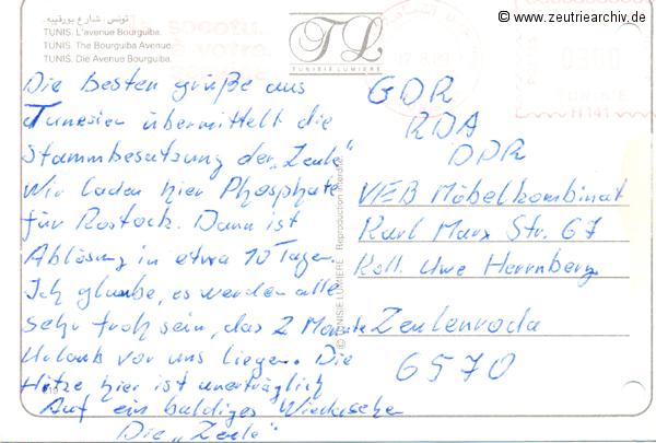 Kartengrüße der Besatzung der MS "Zeulenroda" aus Tunis Tunesien
