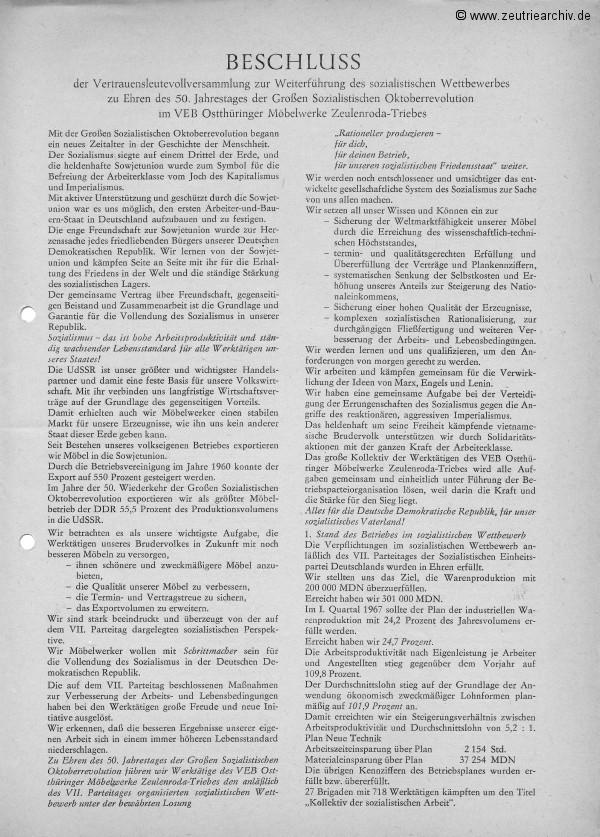 Überblick über die Weiterführung des sozialistischen Wettbewerbes zu Ehren des 50. Jahrestages der Großen Sozialistischen Oktoberevolution im VEB Ostthüringer Möbelwerke ZEU - TRIE.
