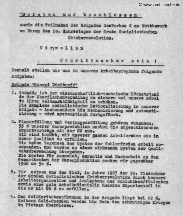 Überblick über die Weiterführung des sozialistischen Wettbewerbes zu Ehren des 50. Jahrestages der Großen Sozialistischen Oktoberevolution im VEB Ostthüringer Möbelwerke ZEU - TRIE.
