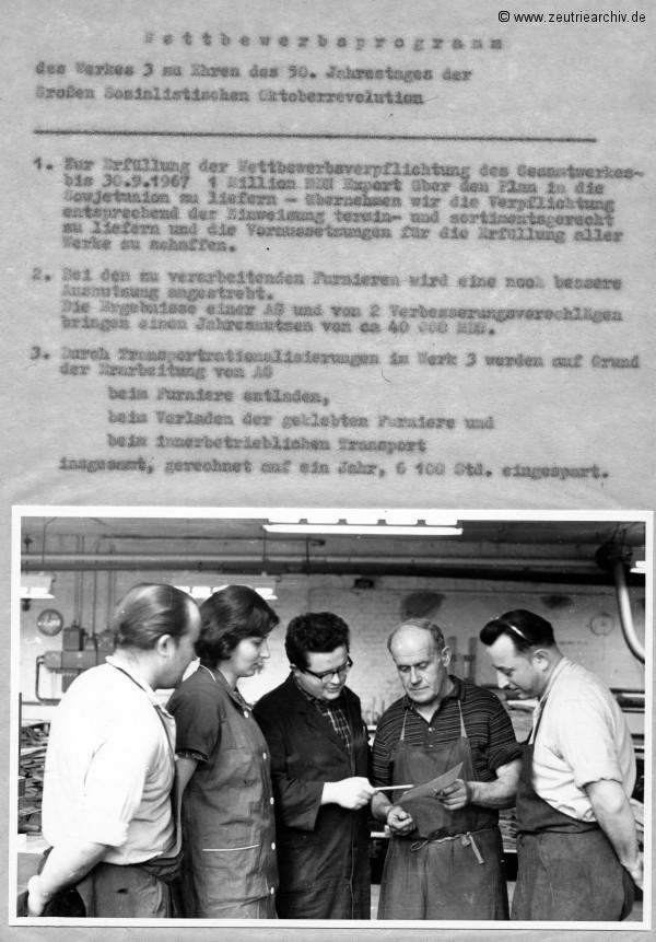 Überblick über die Weiterführung des sozialistischen Wettbewerbes zu Ehren des 50. Jahrestages der Großen Sozialistischen Oktoberevolution im VEB Ostthüringer Möbelwerke ZEU - TRIE.