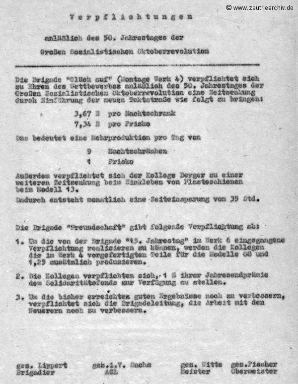Überblick über die Weiterführung des sozialistischen Wettbewerbes zu Ehren des 50. Jahrestages der Großen Sozialistischen Oktoberevolution im VEB Ostthüringer Möbelwerke ZEU - TRIE.