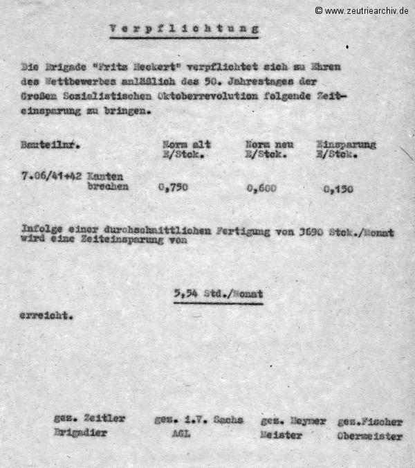Überblick über die Weiterführung des sozialistischen Wettbewerbes zu Ehren des 50. Jahrestages der Großen Sozialistischen Oktoberevolution im VEB Ostthüringer Möbelwerke ZEU - TRIE.