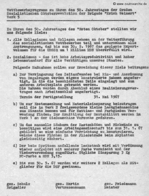 Überblick über die Weiterführung des sozialistischen Wettbewerbes zu Ehren des 50. Jahrestages der Großen Sozialistischen Oktoberevolution im VEB Ostthüringer Möbelwerke ZEU - TRIE.