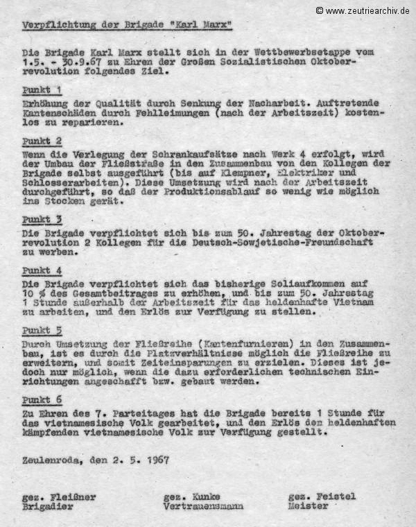 Überblick über die Weiterführung des sozialistischen Wettbewerbes zu Ehren des 50. Jahrestages der Großen Sozialistischen Oktoberevolution im VEB Ostthüringer Möbelwerke ZEU - TRIE.