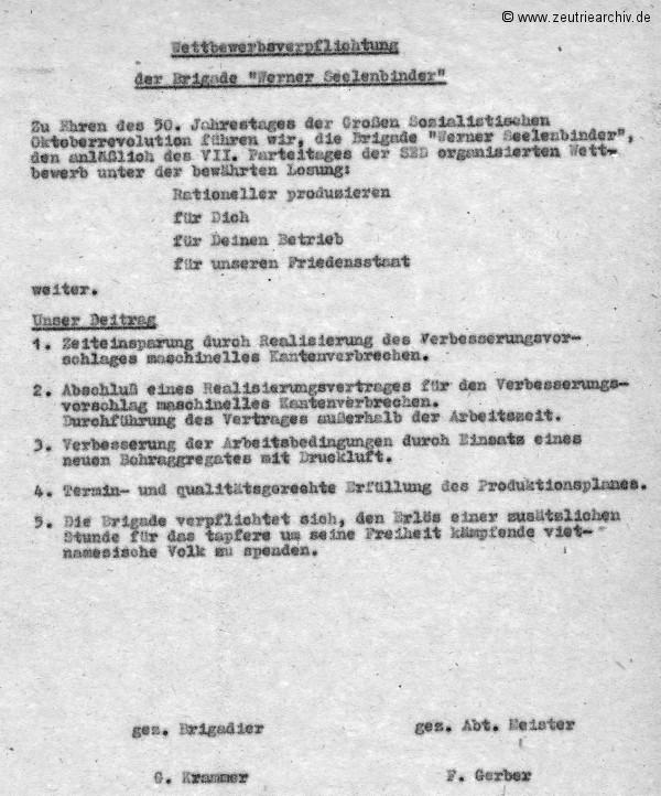 Überblick über die Weiterführung des sozialistischen Wettbewerbes zu Ehren des 50. Jahrestages der Großen Sozialistischen Oktoberevolution im VEB Ostthüringer Möbelwerke ZEU - TRIE.