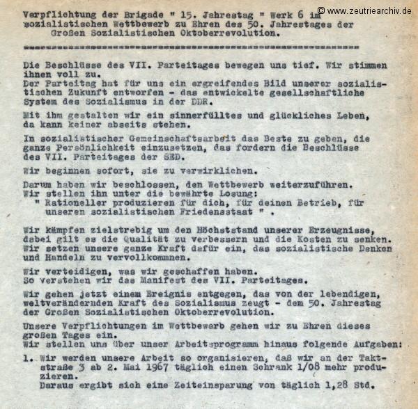 Überblick über die Weiterführung des sozialistischen Wettbewerbes zu Ehren des 50. Jahrestages der Großen Sozialistischen Oktoberevolution im VEB Ostthüringer Möbelwerke ZEU - TRIE.
