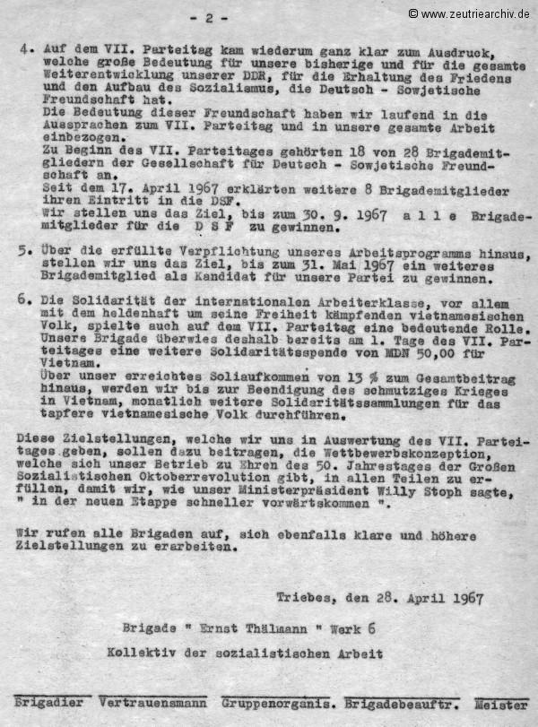Überblick über die Weiterführung des sozialistischen Wettbewerbes zu Ehren des 50. Jahrestages der Großen Sozialistischen Oktoberevolution im VEB Ostthüringer Möbelwerke ZEU - TRIE.