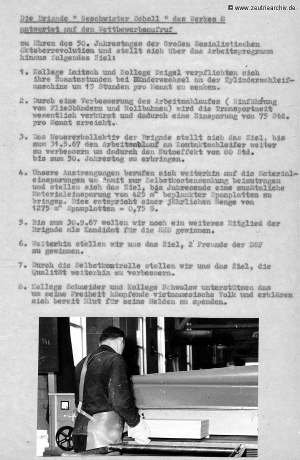Überblick über die Weiterführung des sozialistischen Wettbewerbes zu Ehren des 50. Jahrestages der Großen Sozialistischen Oktoberevolution im VEB Ostthüringer Möbelwerke ZEU - TRIE.