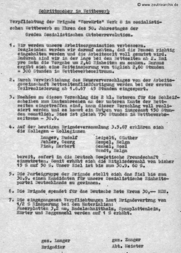 Überblick über die Weiterführung des sozialistischen Wettbewerbes zu Ehren des 50. Jahrestages der Großen Sozialistischen Oktoberevolution im VEB Ostthüringer Möbelwerke ZEU - TRIE.