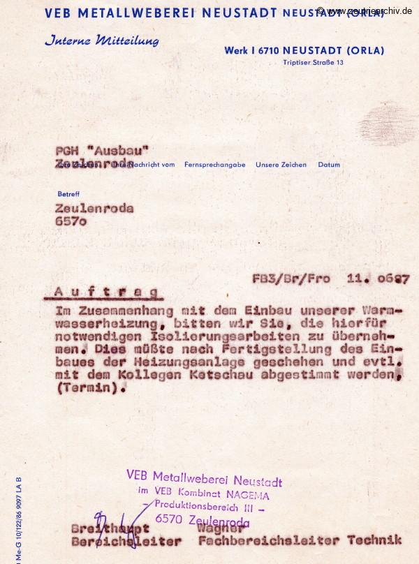 Ordner DWO12 Heizung des VEB Metallweberei Neustadt Orla Betriebsteil Zeulenroda Baderschneider Lenzner DDR heute Zeuro Zeutrie Möbel
