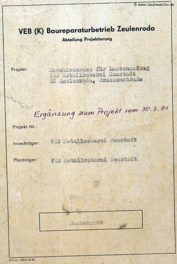 Ordner Maschinenraum und Lastenaufzug des VEB Metallweberei Neustadt Orla Betriebsteil Zeulenroda Baderschneider Lenzner DDR heute Zeuro Zeutrie Möbel