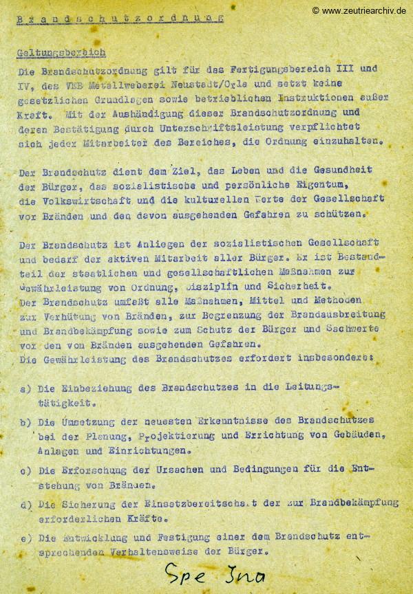 Ordner Brandschutz Ordnung des VEB Metallweberei Neustadt Orla Betriebsteil Zeulenroda Baderschneider Lenzner DDR heute Zeuro Zeutrie Möbel