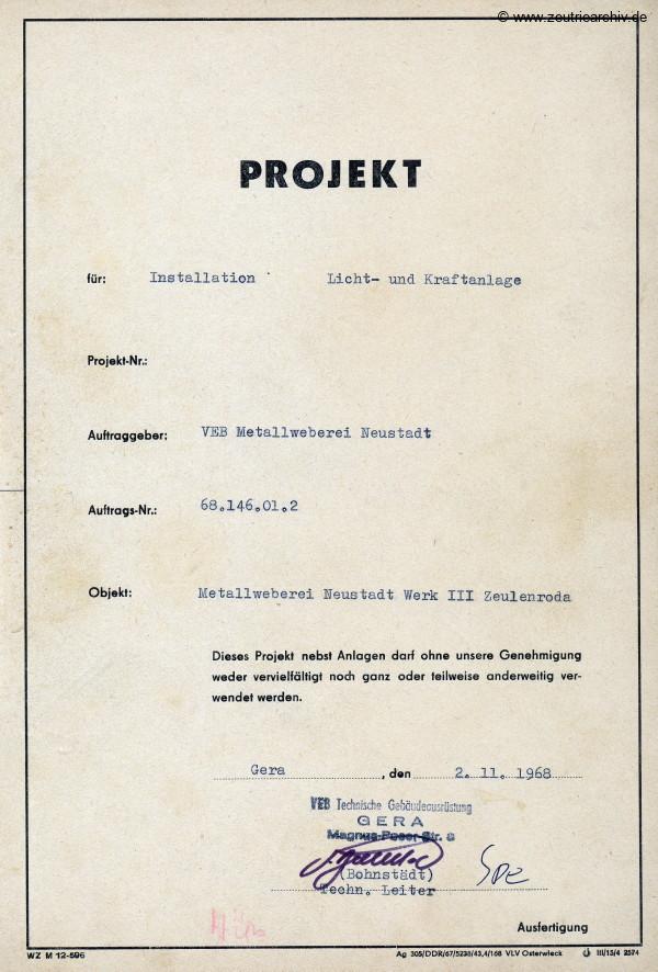 Ordner Projekt Installation Licht und Kraftanlage des VEB Metallweberei Neustadt Orla Betriebsteil Zeulenroda Baderschneider Lenzner DDR heute Zeuro Zeutrie Möbel